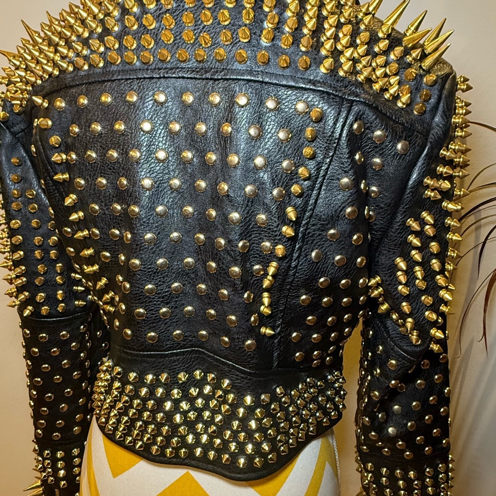 Azalea Wang Black and Gold Vegan Leather Motorcycle Jacket with Studding - Picture 3 of 3